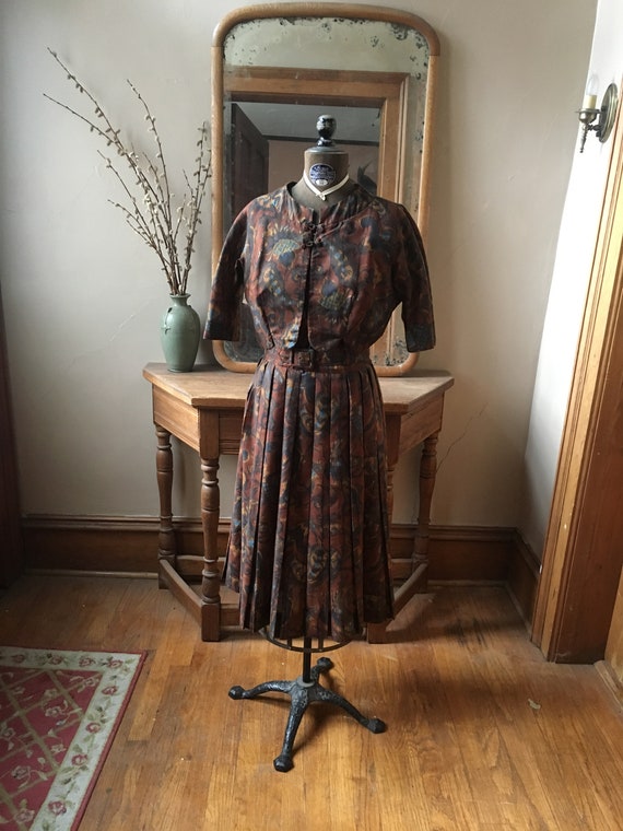 Vintage 1950's Brown and Blue Marcy Allen Dress wi