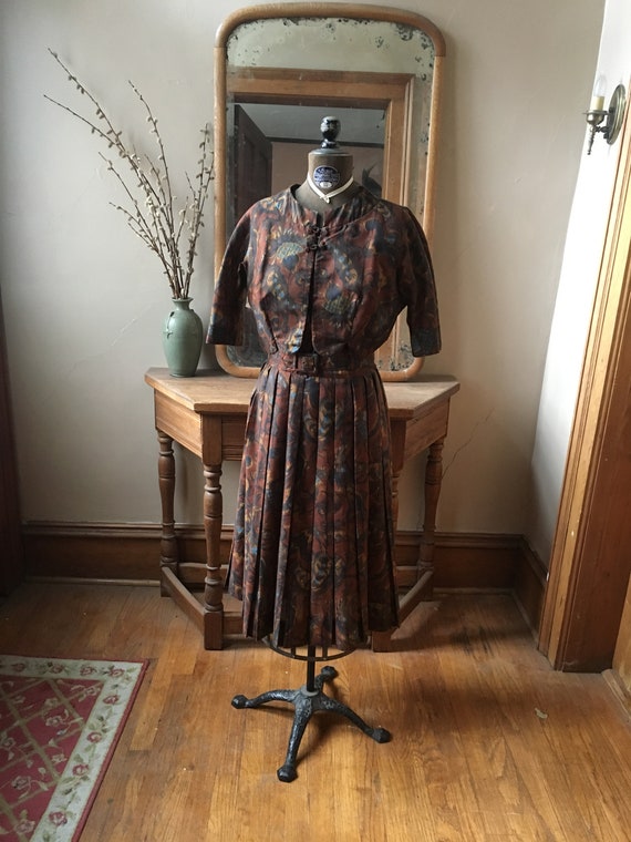 Vintage 1950's Brown and Blue Marcy Allen Dress w… - image 1