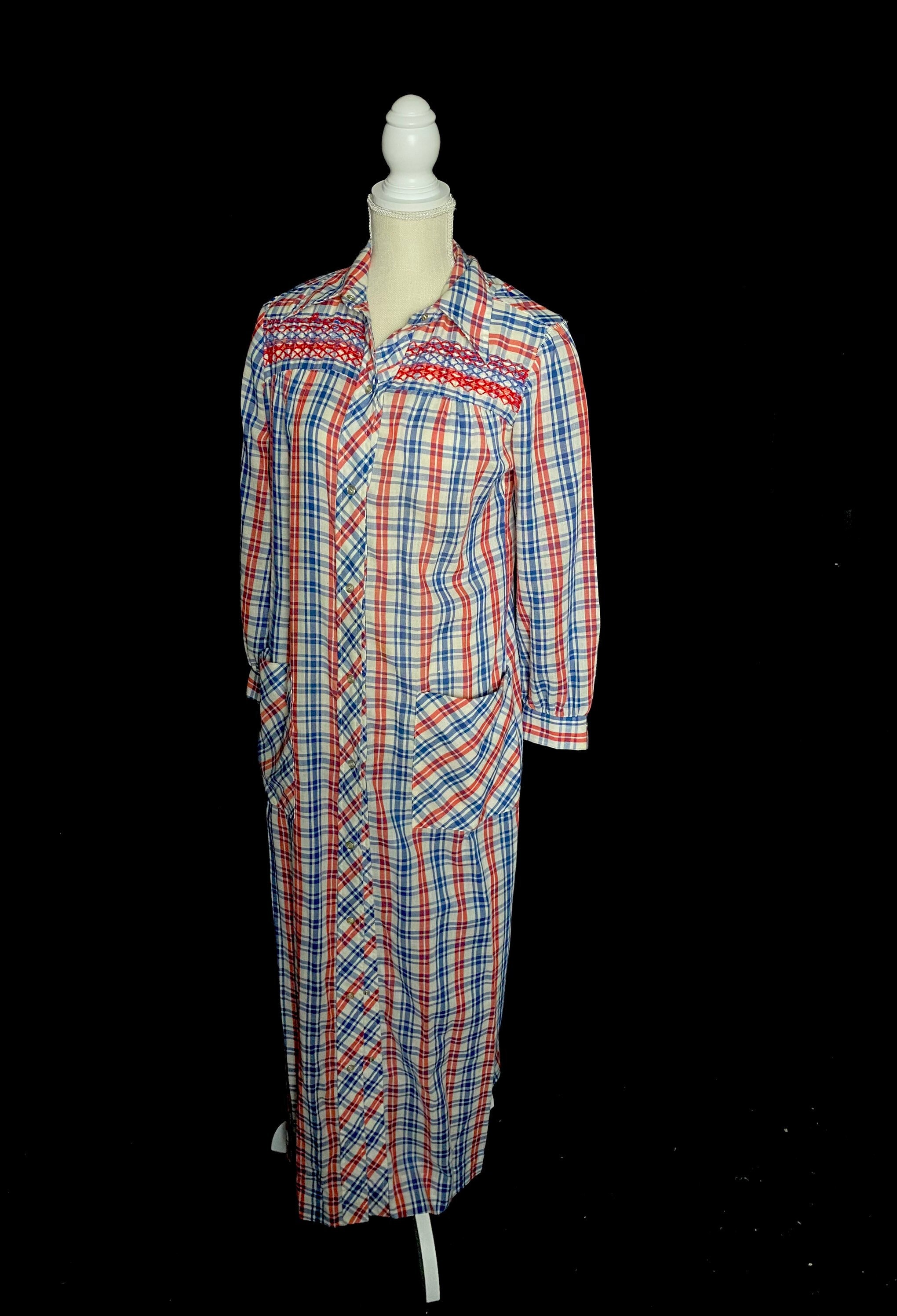 1960s Coats and Jackets Vintage 1960s Red White  Blue Plaid House Coat, Pearl Snap Dress Size Medium $55.00 AT vintagedancer.com