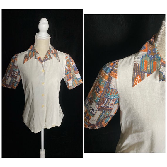 Vintage 1960’s white and colorful batik short sle… - image 1