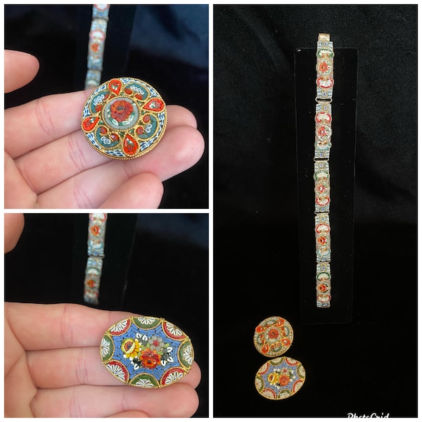 Vintage 1920er Micros Mosaik Broschen und Armband Set