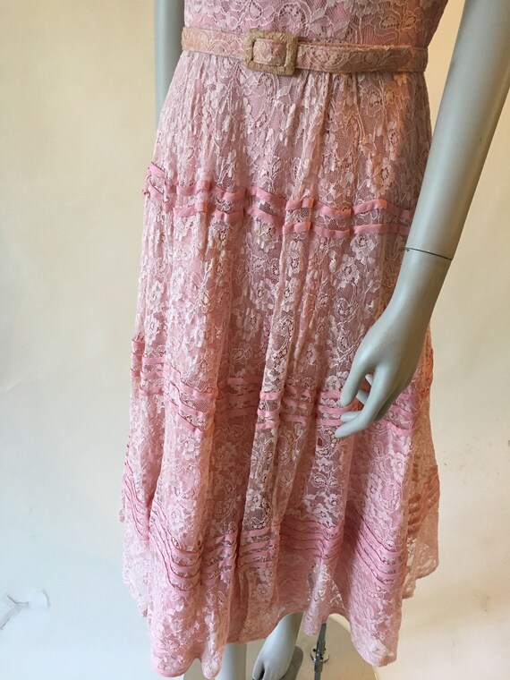 Vintage 1950's Pink Lace Tiered Dress with Matchi… - image 3