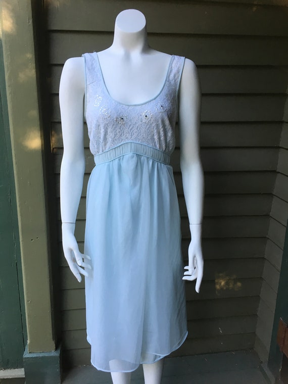 Vintage 1960's Pale Blue Nightie with lace and rh… - image 1