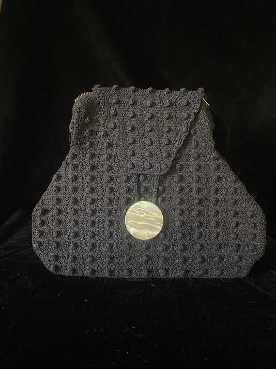 Vintage 1940’s dusty blue knit dot clutch handbag 