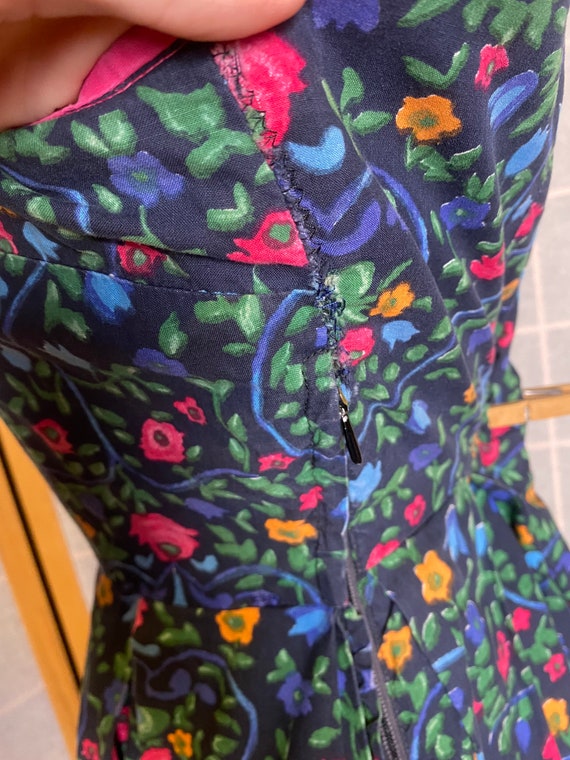 XL 1950s Day Dress Casual Blue Short Sleeve Floral Novelty Print Rayon
