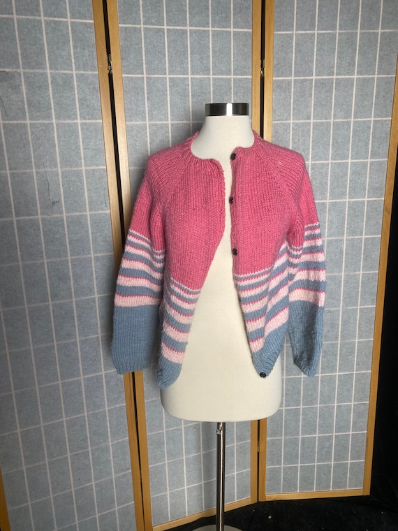 Vintage 1950’s pink and gray stripe hand knit car… - image 1