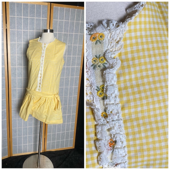 Vintage 1970’s yellow and white gingham romper, p… - image 1