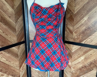 Vintage 1940’s red and blue plaid one piece skirt swimsuit with halter top, size small