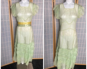 Vintage 1930’s sheer green dress with green and yellow ribbon, size xs