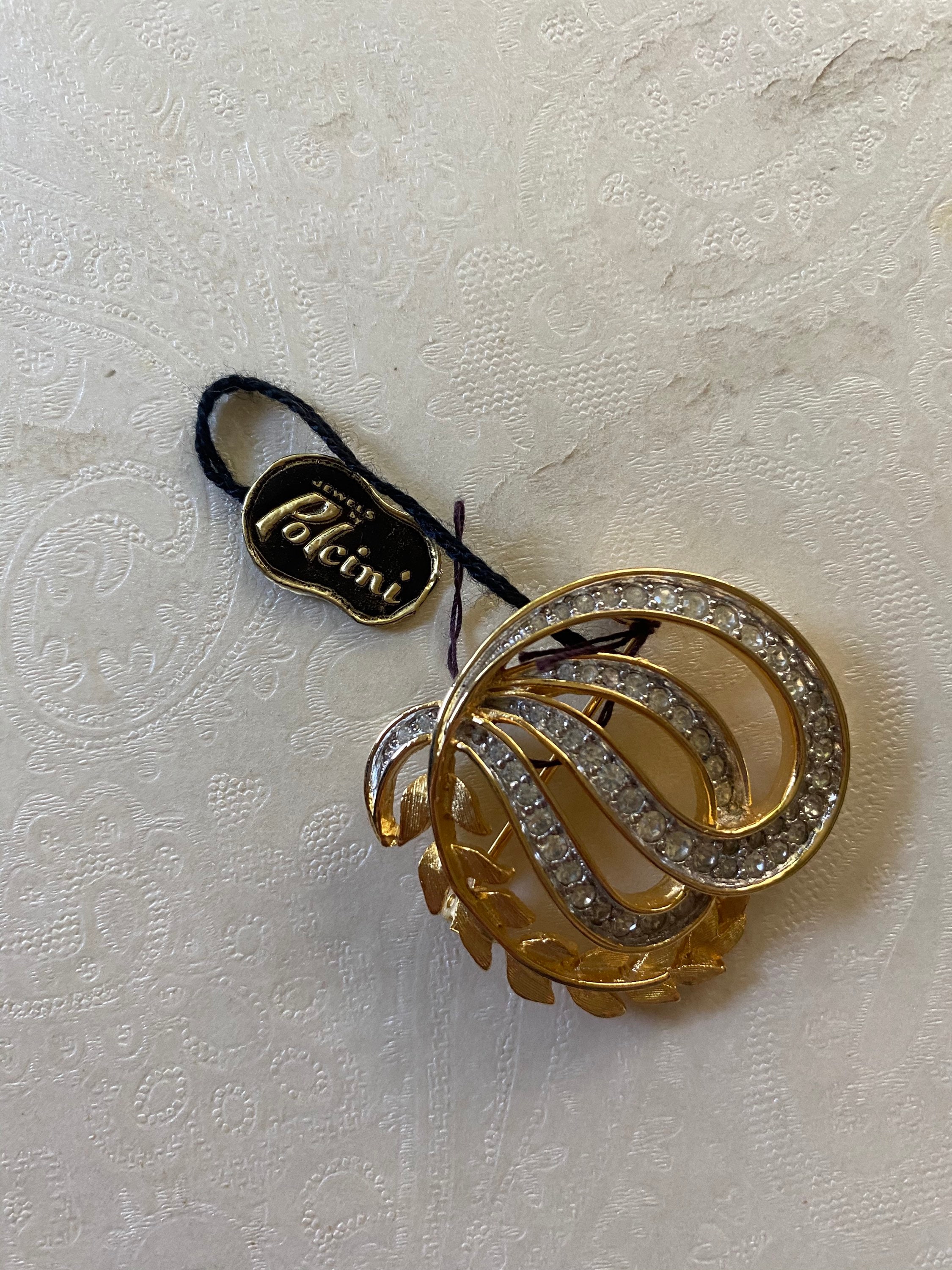 Vintage Signed POLCINI Goldtone Clear Rhinestones KNOT Shape
