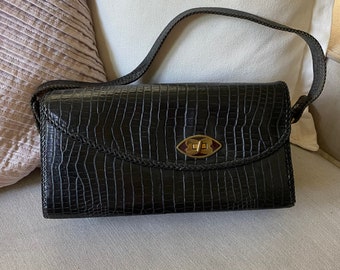 Vintage 1950's Black Leather Reptile Purse Handbag