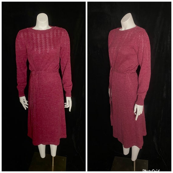 Vintage 1960’s 1970’s raspberry red knit dress wi… - image 1