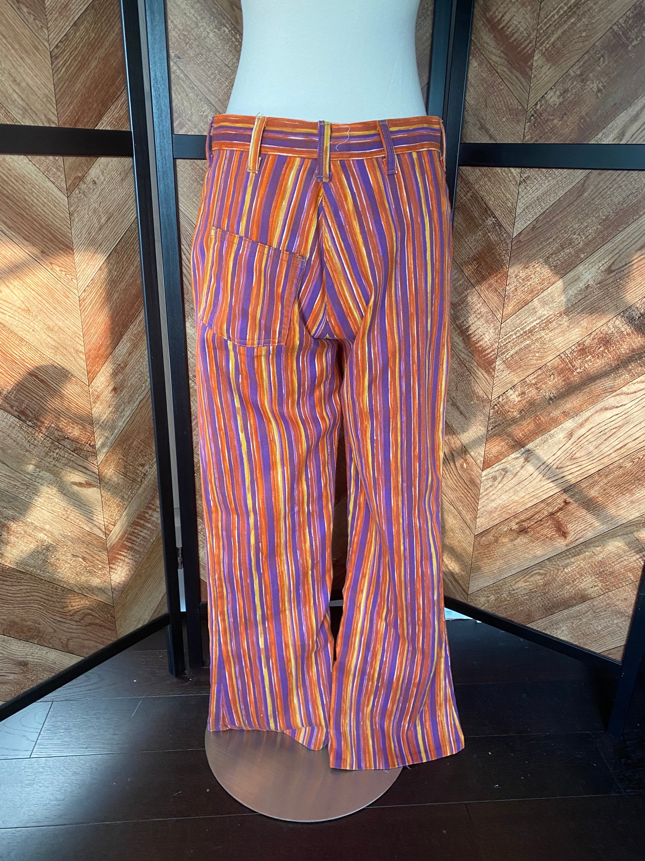 Vintage 1970's Orange and Purple Stripe Bell Bottom Pants, Size