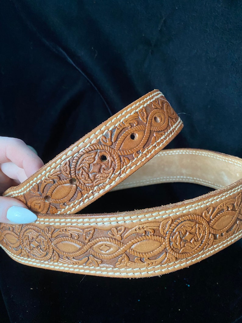 Vintage 1980/'s Brown Tooled Leather Belt with Large Rodeo Belt Buckle