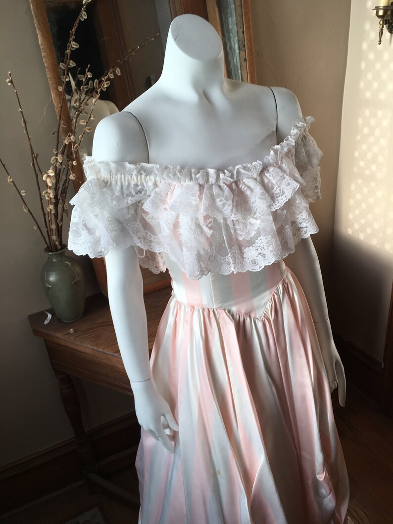 Size XS Vintage 1980/'s Pink and White Striped Gunne Sax Formal Tulle Party Dress with Lace and Bows