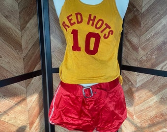 Vintage 1930's Red and Gold Basketball Uniform, Red Satin Shorts