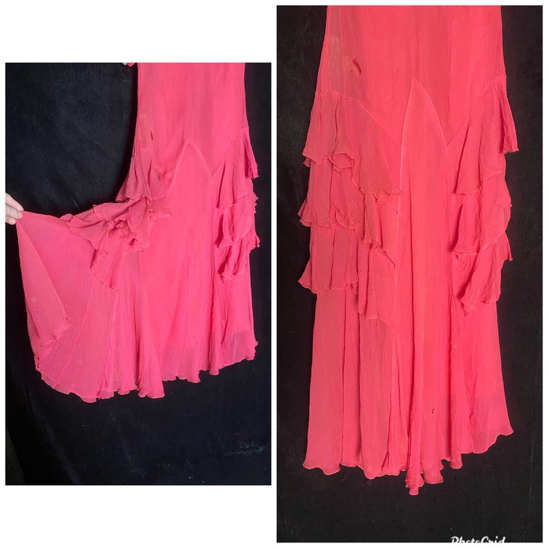 Vintage 1930s hot pink silk sheer chiffon dress with ruffle skirt, size xxs image 2