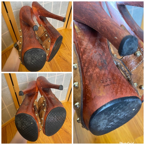 Vintage 2000s Y2k Designer Wooden High Heels With Leather and