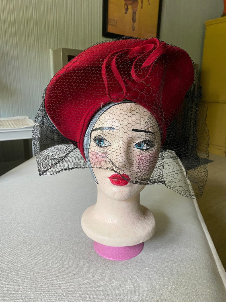 Vintage Antique Red Tall Full Hat With Veil, Halo hat image 1