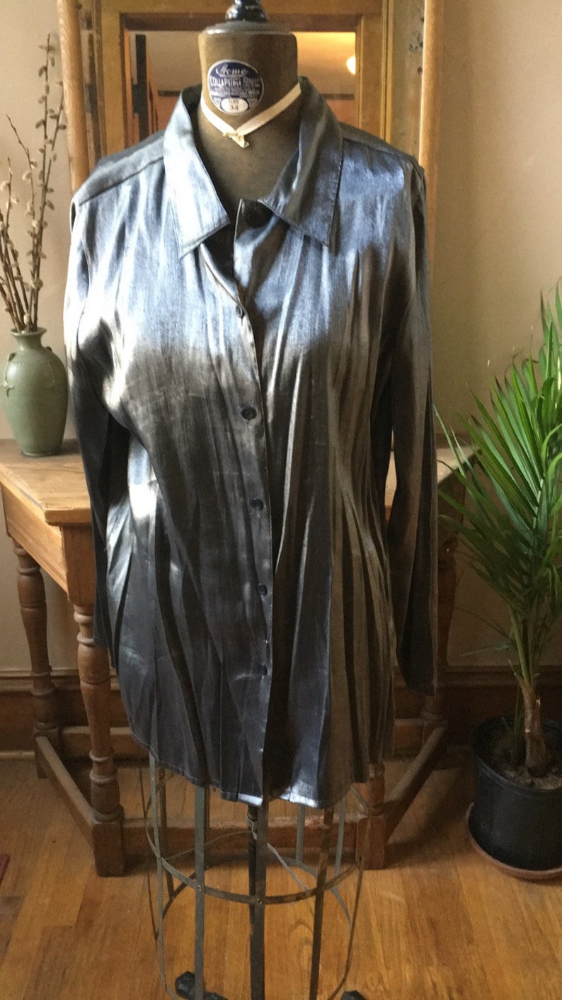 Silver Shiny Long Sleeve Blouse Vintage 1980/'s Black