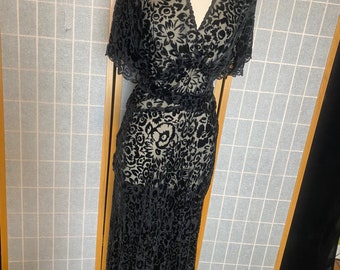 Vintage 1930's Black Semi Sheer Burnout Velvet Floral Sparkle Dress