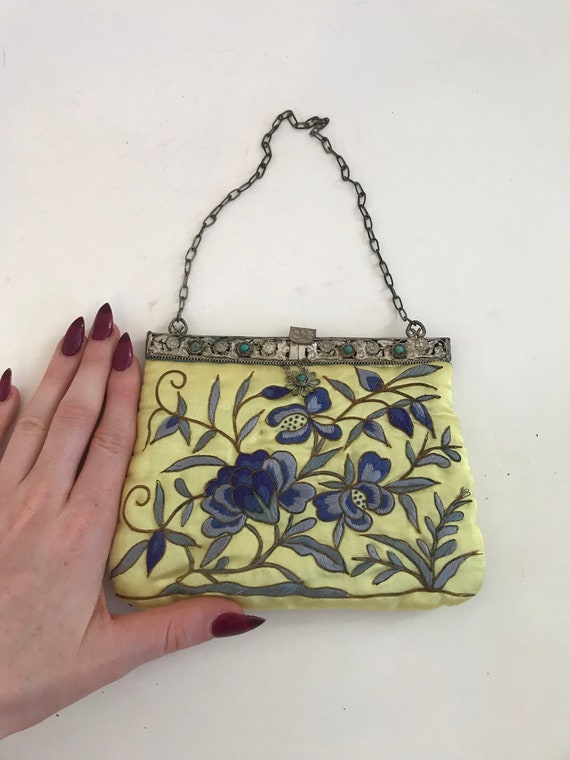Vintage yellow and blue embroidered satin bag met… - image 2