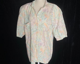 Vintage 1980’s pastel tropical print button up short sleeves shirt, size XL