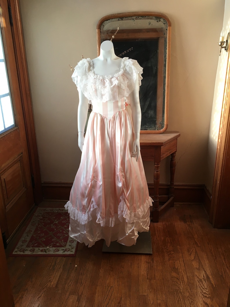 Size XS Vintage 1980/'s Pink and White Striped Gunne Sax Formal Tulle Party Dress with Lace and Bows