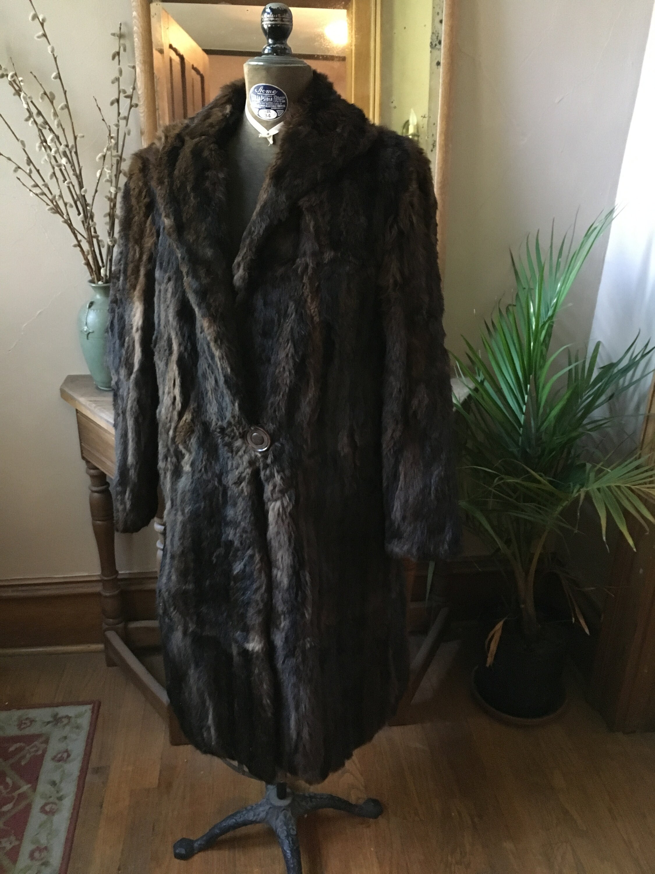 Brown Fur Coat With Green Felt Flower 