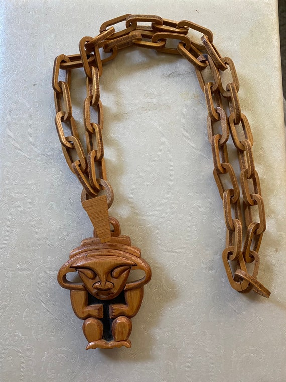 Vintage 1980’s Wooden Tiki Man Pendant and Chain
