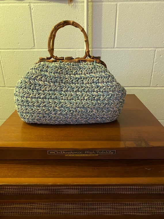 1960s Light Blue Woven Bag with Bamboo Handle by “