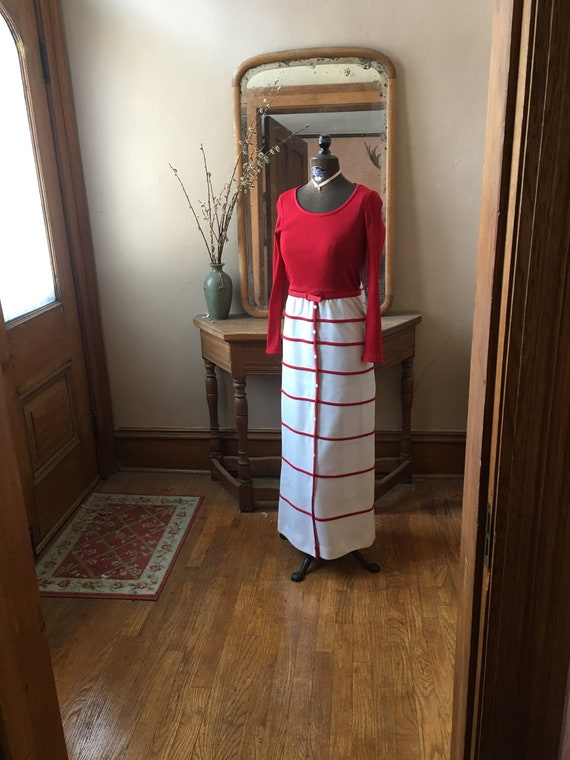 Vintage 1970s Red and White Color Block Long Sleeve Christmas Maxi Dress  With Belt, Size Medium -  Canada