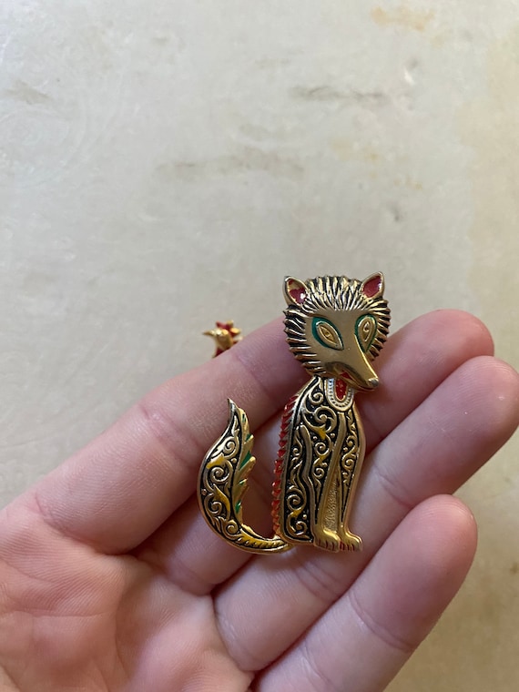 Vintage 1950’s Colorful Fox and Rooster Gold Pins… - image 2