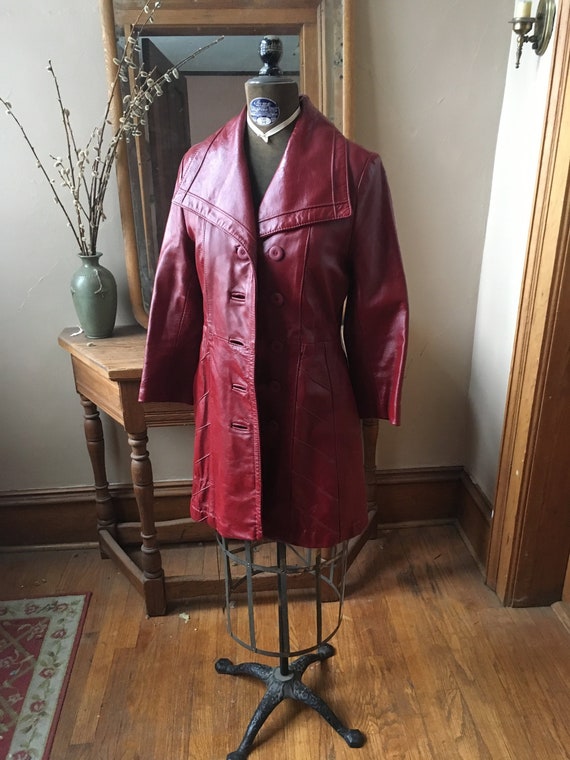 Vintage 1970's Red Leather Double breasted Trench… - image 1