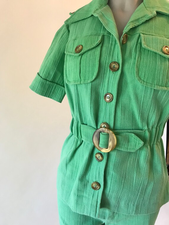 Vintage 1970s linen look green suit with pants an… - image 2