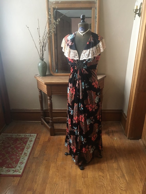 Vintage 1970's Corky Craig Black Floral Maxi Long
