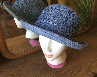 Vintage Blue Woven Bucket Hat with Flower