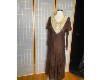 Vintage 1930’s brown lace and cream silk dress with beading, size small