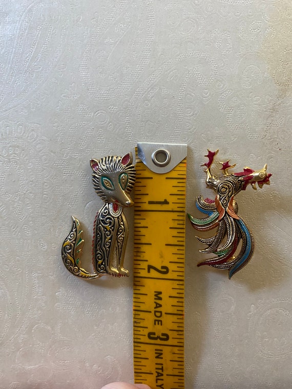 Vintage 1950’s Colorful Fox and Rooster Gold Pins… - image 6
