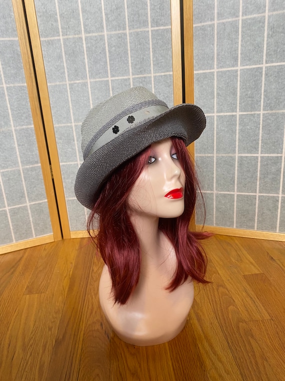 Vintage Two-Tone Straw Hat with Black Ribbon Vintage Madcaps Straw Derby Hat With Black Ribbon & Bow  main image 4