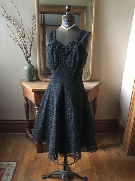Vintage 1950's Textured Black Lace Party Dress, s… - image 1