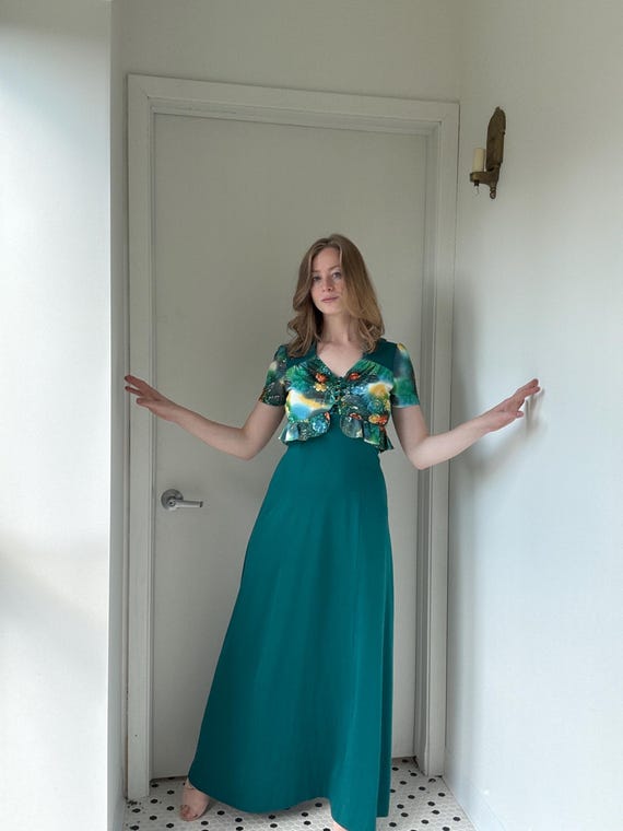 Vintage 1970's Green Floral Polyester Halter Dress With Matching Bolero Jacket Top, Size Small Medium