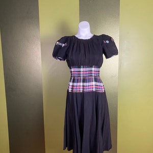 Vintage 1940s black dress with colorful plaid waist and puffy sleeves, size xs small image 1