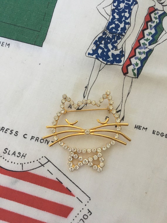 Vintage Gold And Rhinestone Kitty Cat Pin, Brooch