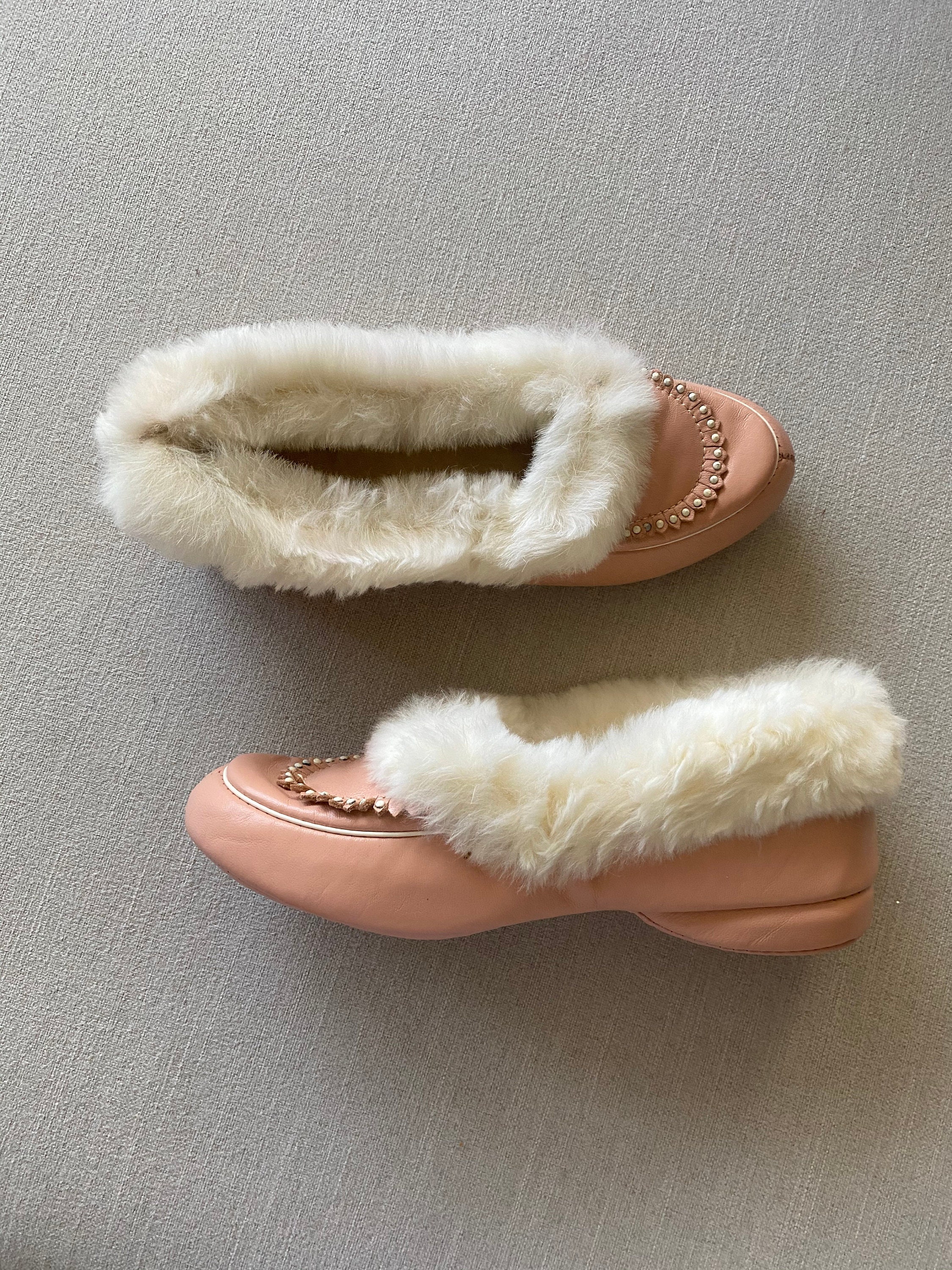 Vintage 1960'S Pink Leather Moccasins With White Rabbit | Etsy