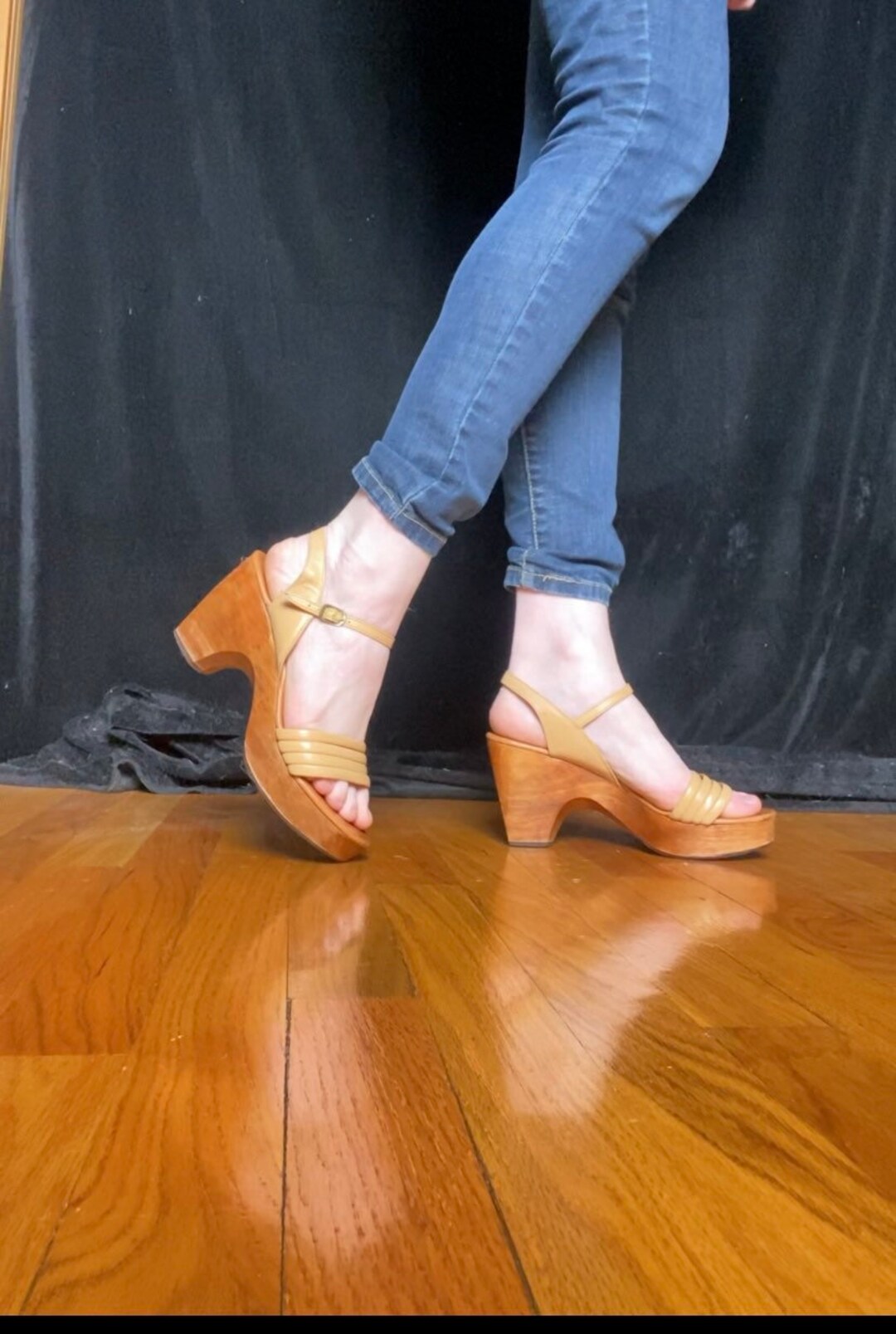 靴 1970's vintage High-Heel Leather Shose Vintage 1970's Wooden High Heel Sandals, Size 7.5 - Etsy