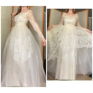 Vintage 1950’s white lace, tulle and satin bridal gown, wedding dress size xs
