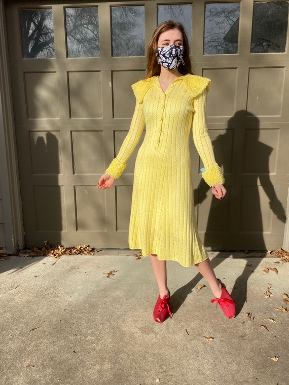 Vintage 1970’s lemon yellow crochet poodle dress,