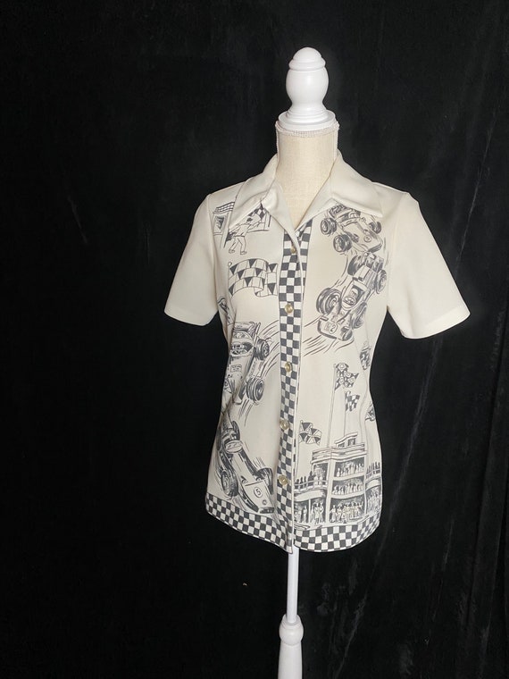 Vintage 1960’s white, black and gray polyester bu… - image 2
