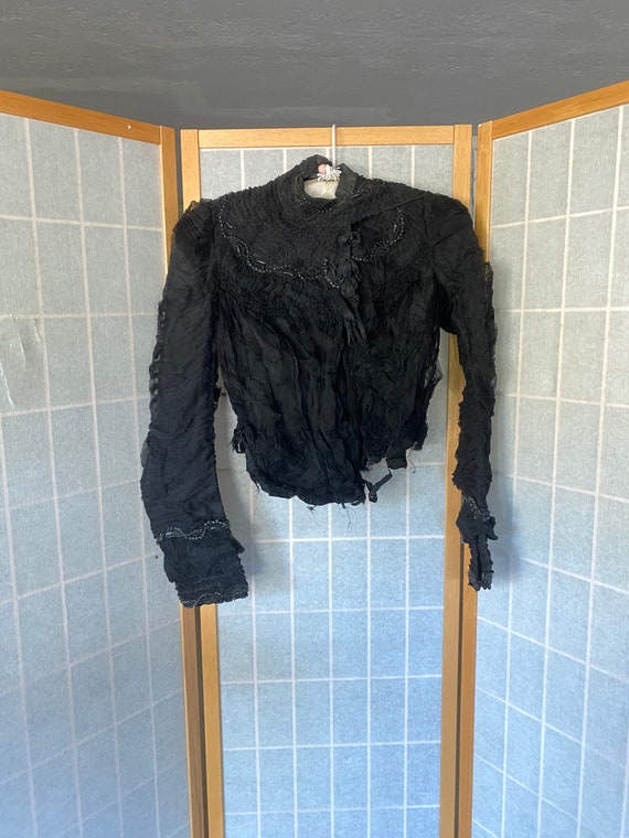 Antique 1890’s black rouched silk beaded blouse - image 1